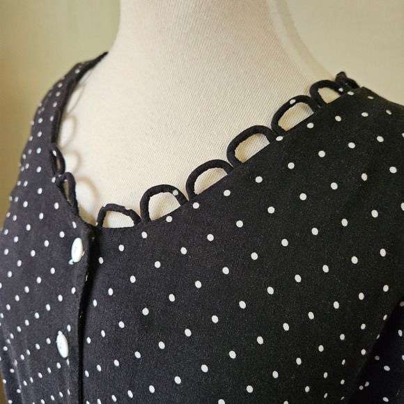 Vtg 90s Debra Martin Polka Dot Dress Button Front Scalloped Neck Lace Up Back 14 - Picture 4 of 8